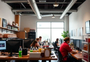 Employees working in a busy beverage office in Austin, Texas.