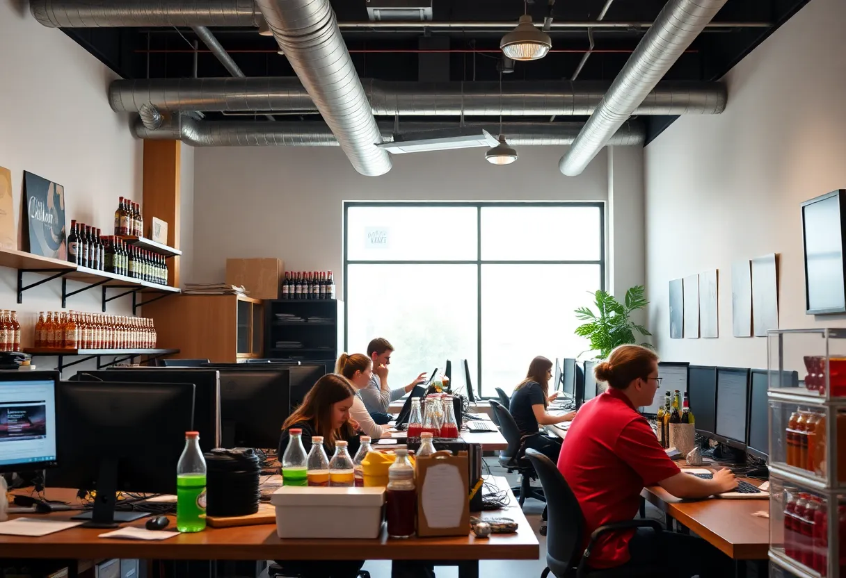Employees working in a busy beverage office in Austin, Texas.
