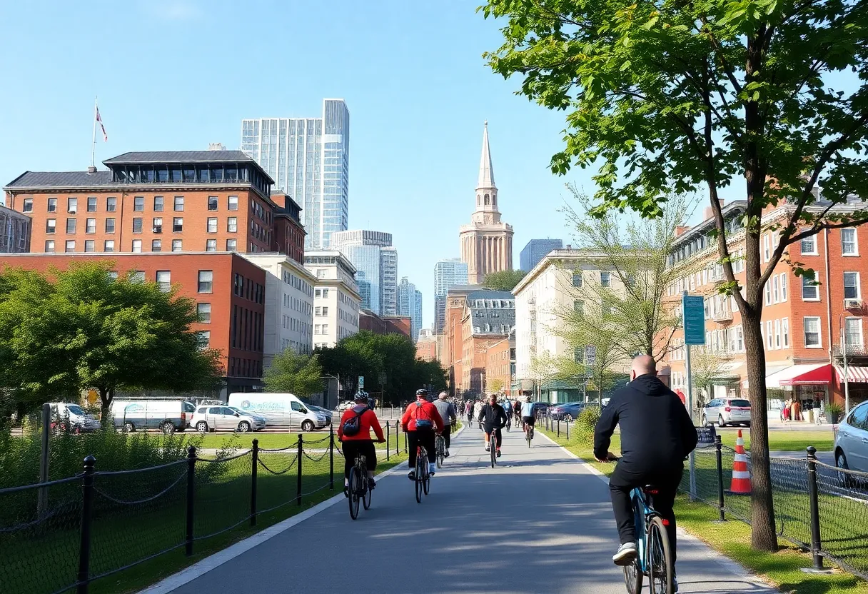 Cyclists exploring Boston's bike-friendly routes during a guided tour.