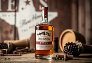 Bottle of Bowie House Texas Whiskey against a rustic Texas landscape