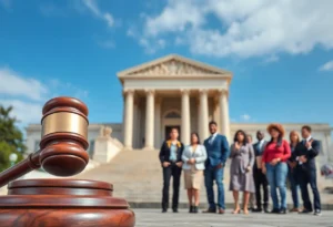 A diverse group of community members advocating for justice, with a gavel and courthouse in the background.
