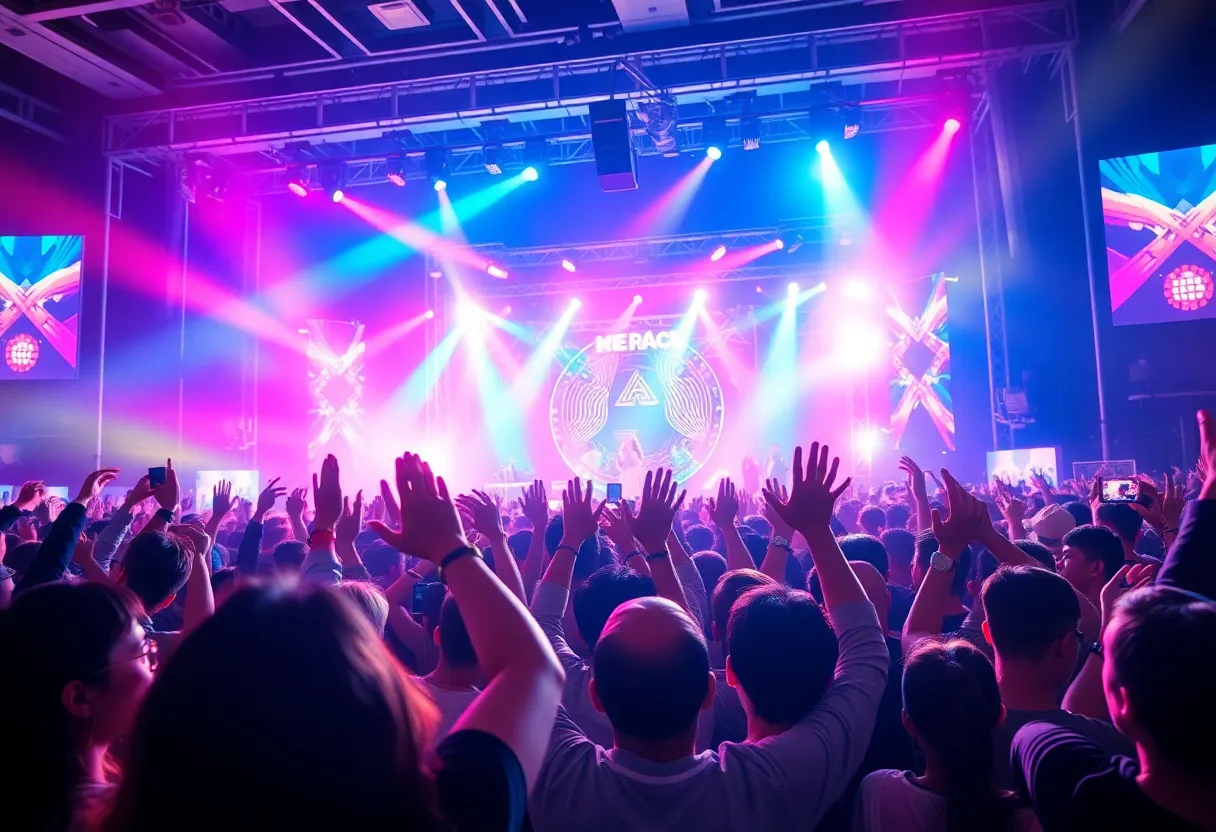 Fans enjoying a BTS concert with colorful lights and energy in the atmosphere.