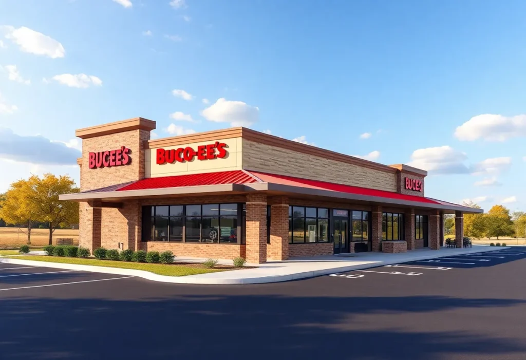 Illustration of Buc-ee's travel center with parking lot in Boerne, Texas.