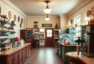 Interior of Buda's vintage pharmacy featuring a soda fountain