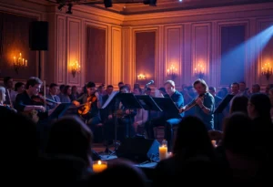 Concert setting featuring a string quartet performing beloved Beatles songs under candlelight.