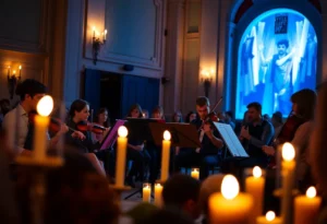 String quartet performing in a candlelit venue for Candlelight tribute to Fleetwood Mac