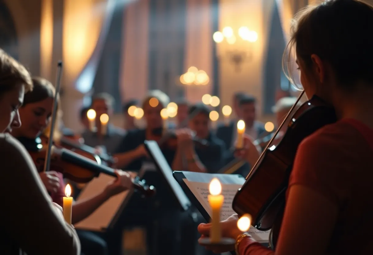 String quartet performing in a candlelit environment
