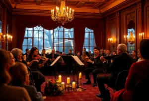 String quartet performing under candlelight at 'Tribute to The Beatles' concert