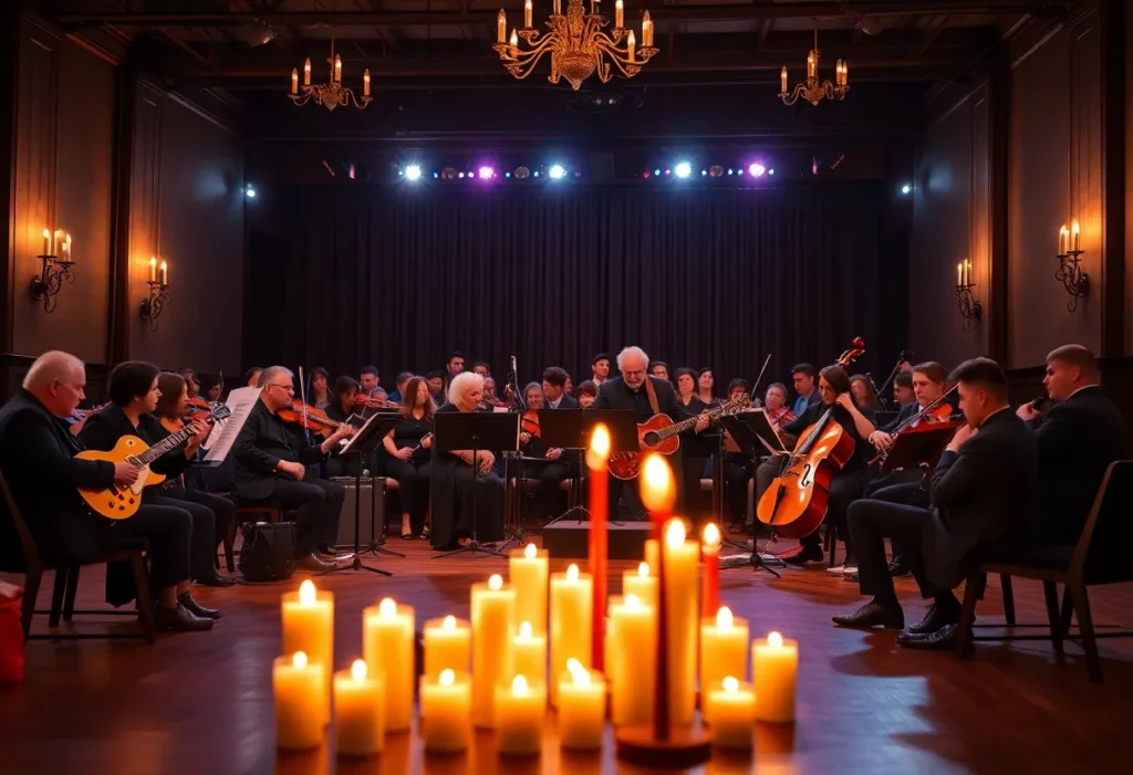 Musicians performing in a candlelit concert venue honoring Fleetwood Mac.