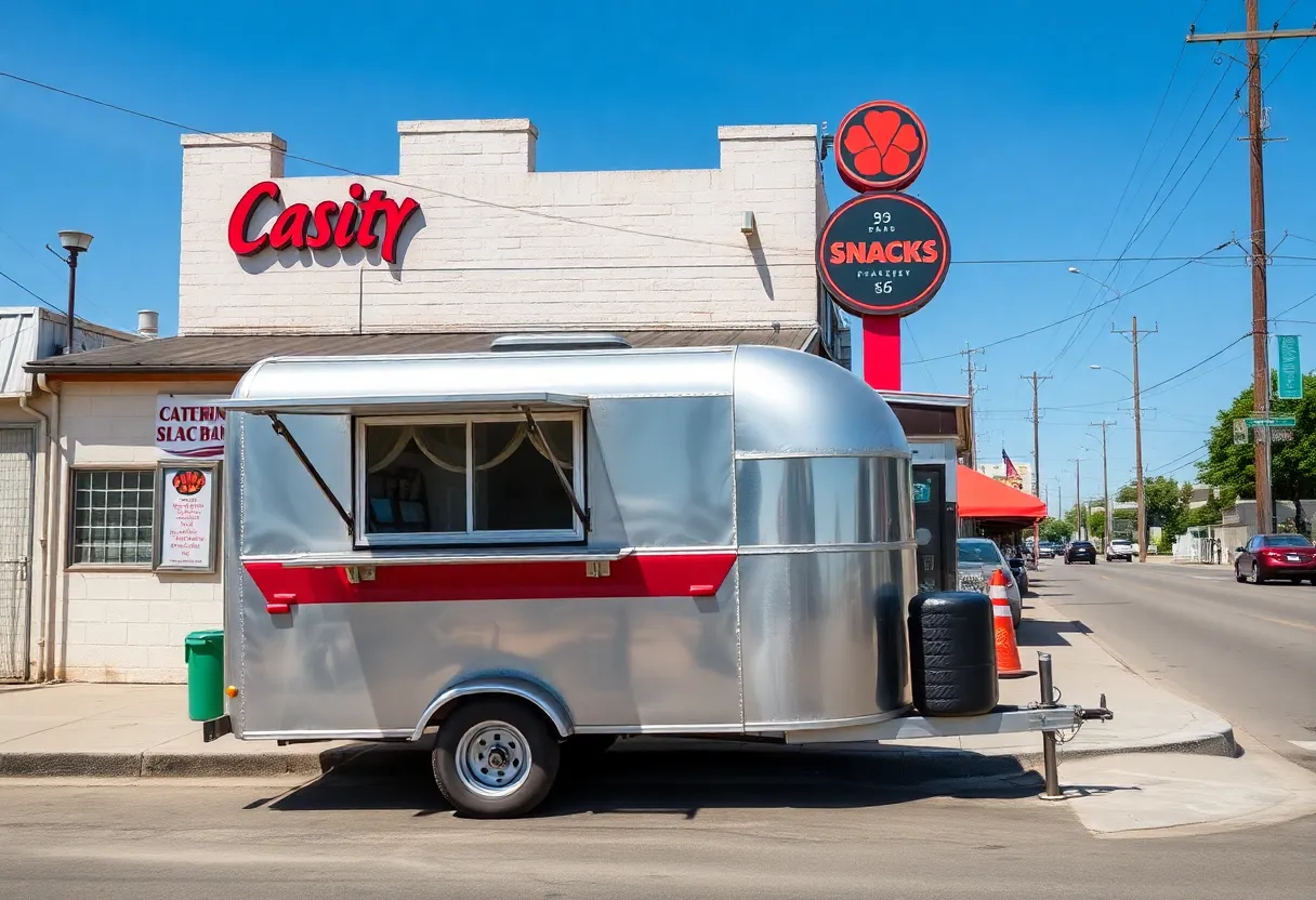 Catering trailer parked outside a snack bar in San Antonio.