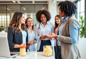 Professionals discussing GLP-1 medications in a modern workplace.