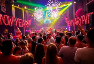 Scene from the CHROMATIQA New Year’s Eve gala featuring diverse performers and colorful decorations.