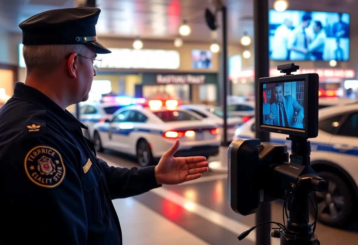 Police officer examining surveillance footage related to restaurant burglary.
