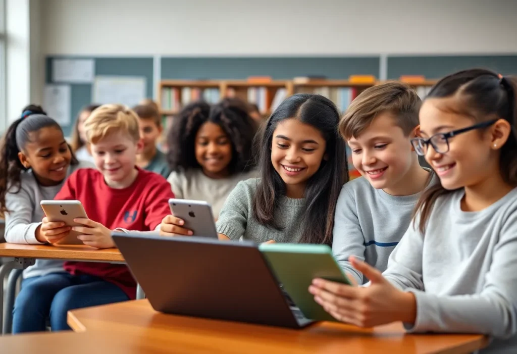 Diverse students in a classroom using digital learning tools.