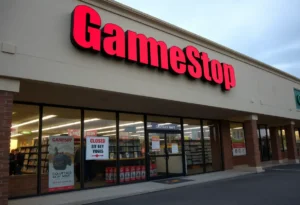 Closed GameStop store with a notice on the door