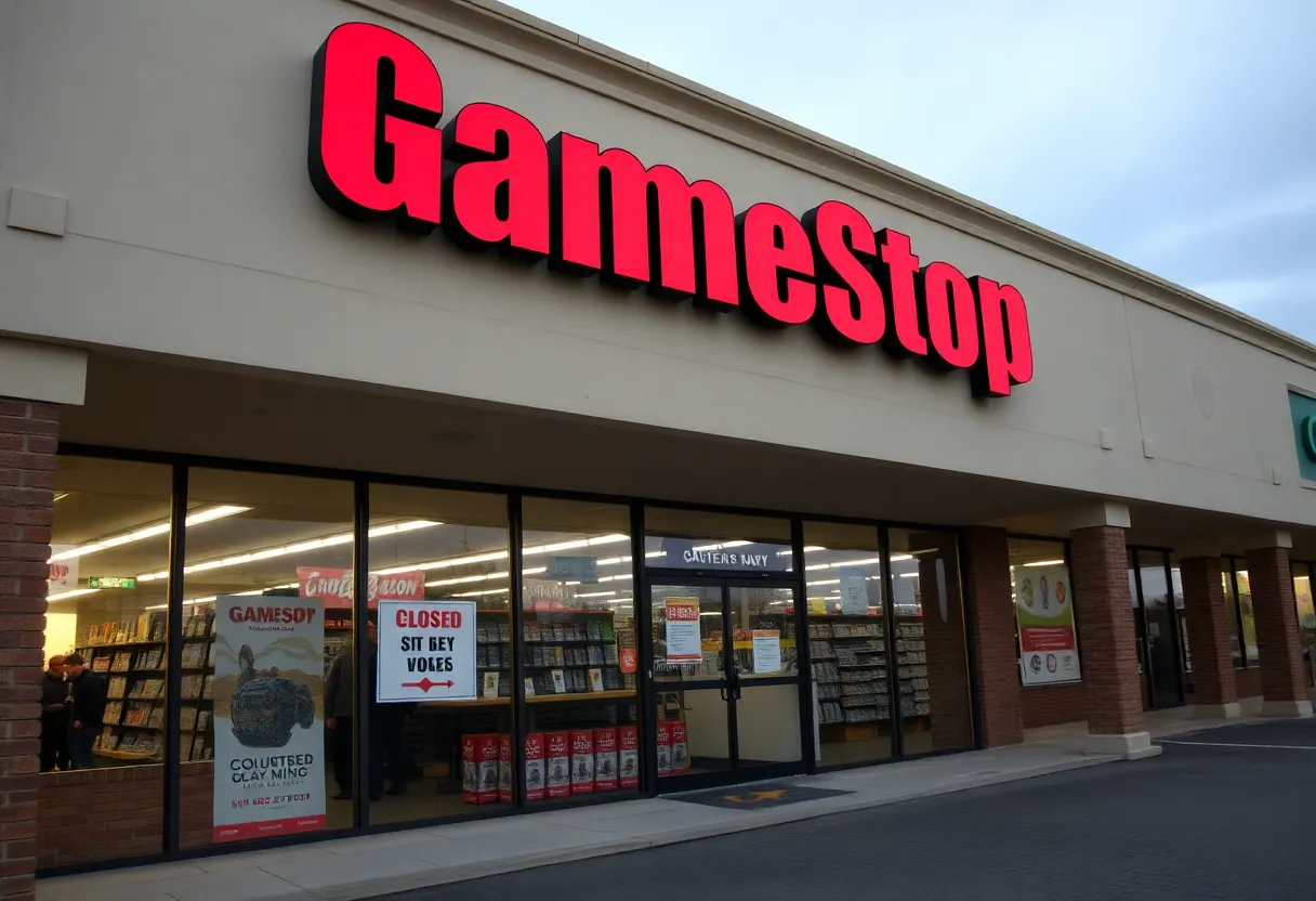 Closed GameStop store with a notice on the door
