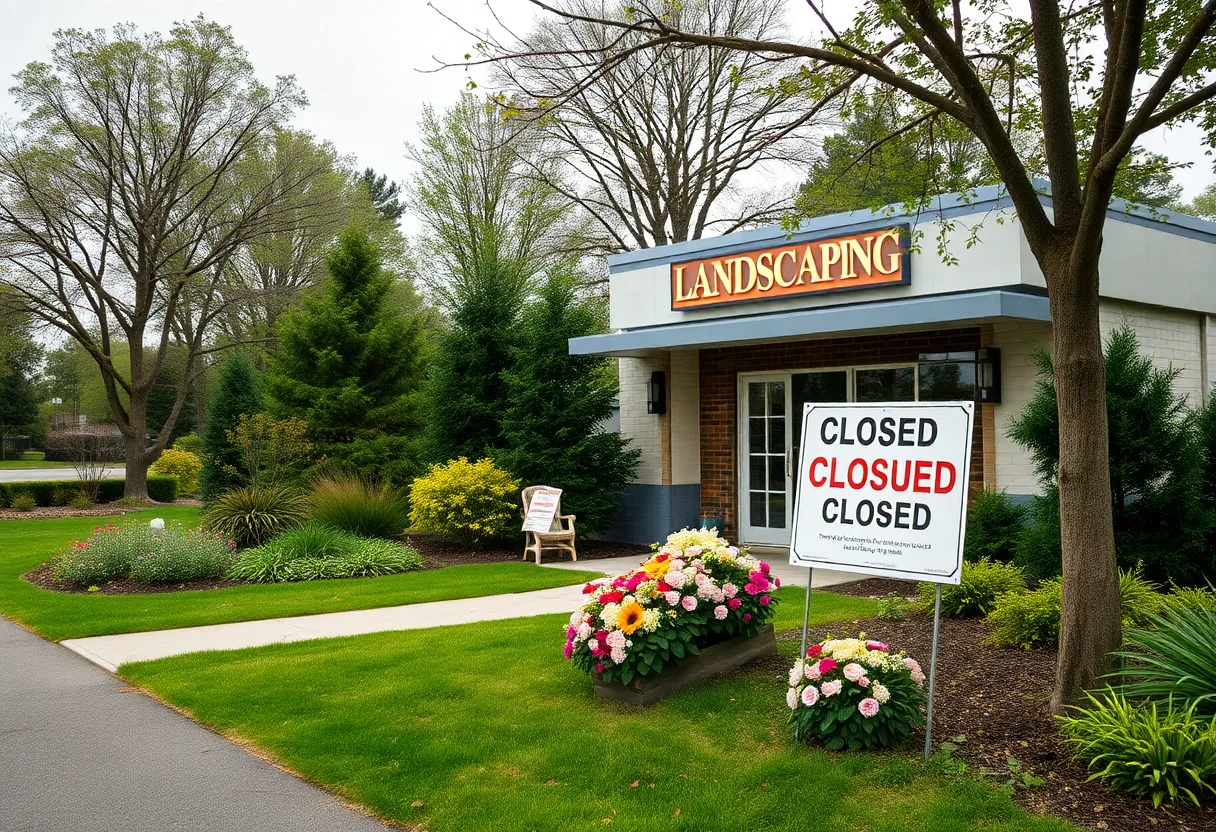 A closed landscaping business with a sign indicating temporary closure.