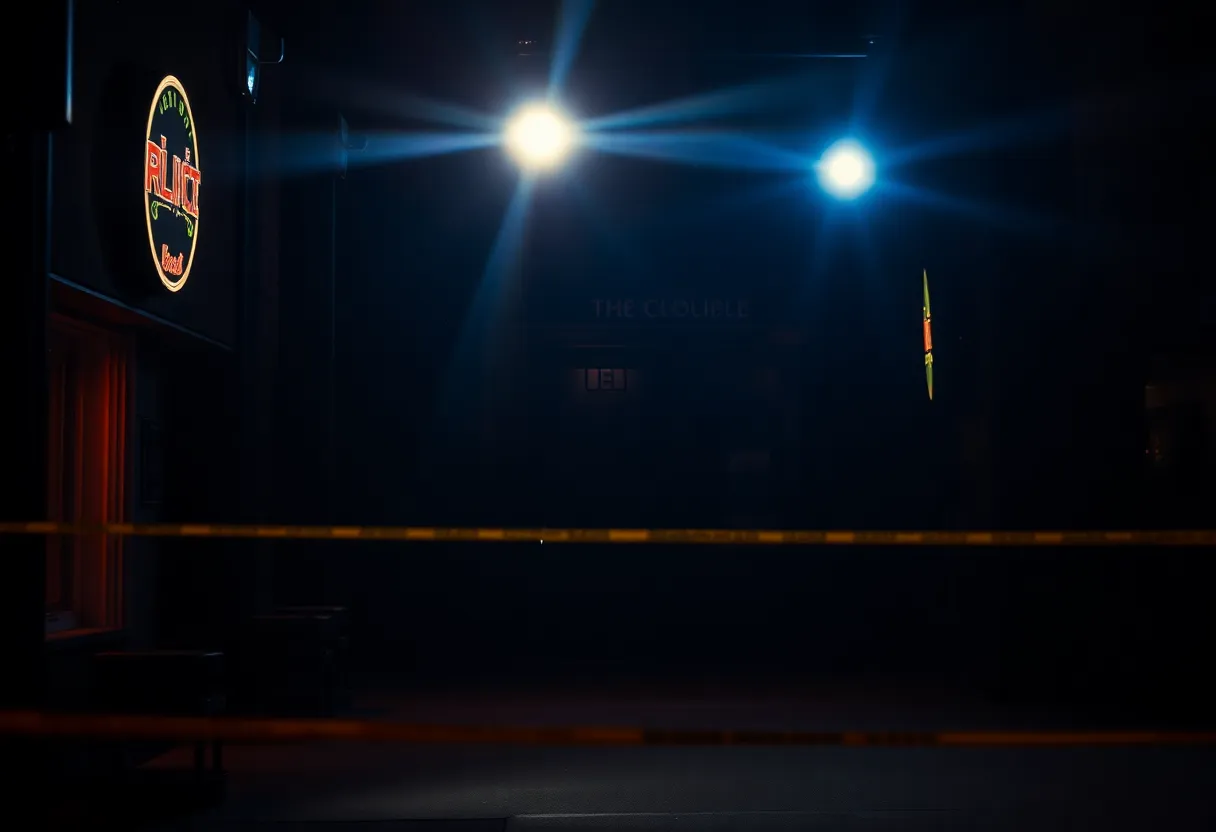 Police lights flashing outside a nightclub after a shooting incident.