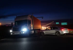 An image depicting the aftermath of a vehicle collision on a highway.