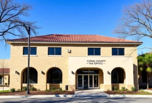 Exterior view of the Comal County Tax Office in New Braunfels, TX