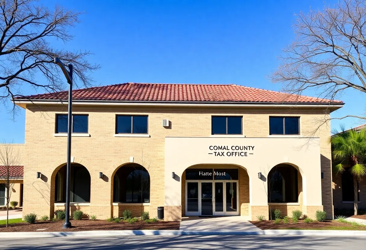 Exterior view of the Comal County Tax Office in New Braunfels, TX