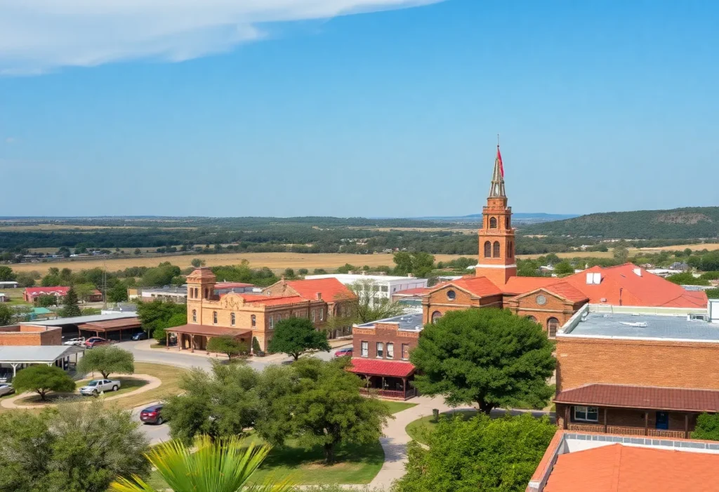 Scenic landscape of Comfort Texas showing historic buildings and greenery