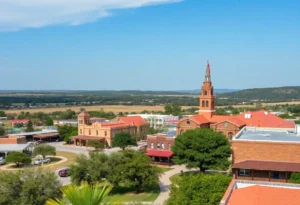 Scenic landscape of Comfort Texas showing historic buildings and greenery
