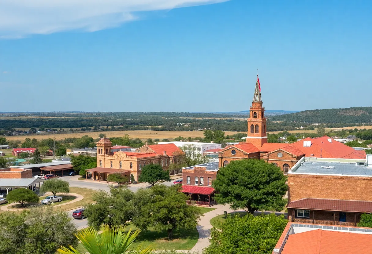Scenic landscape of Comfort Texas showing historic buildings and greenery
