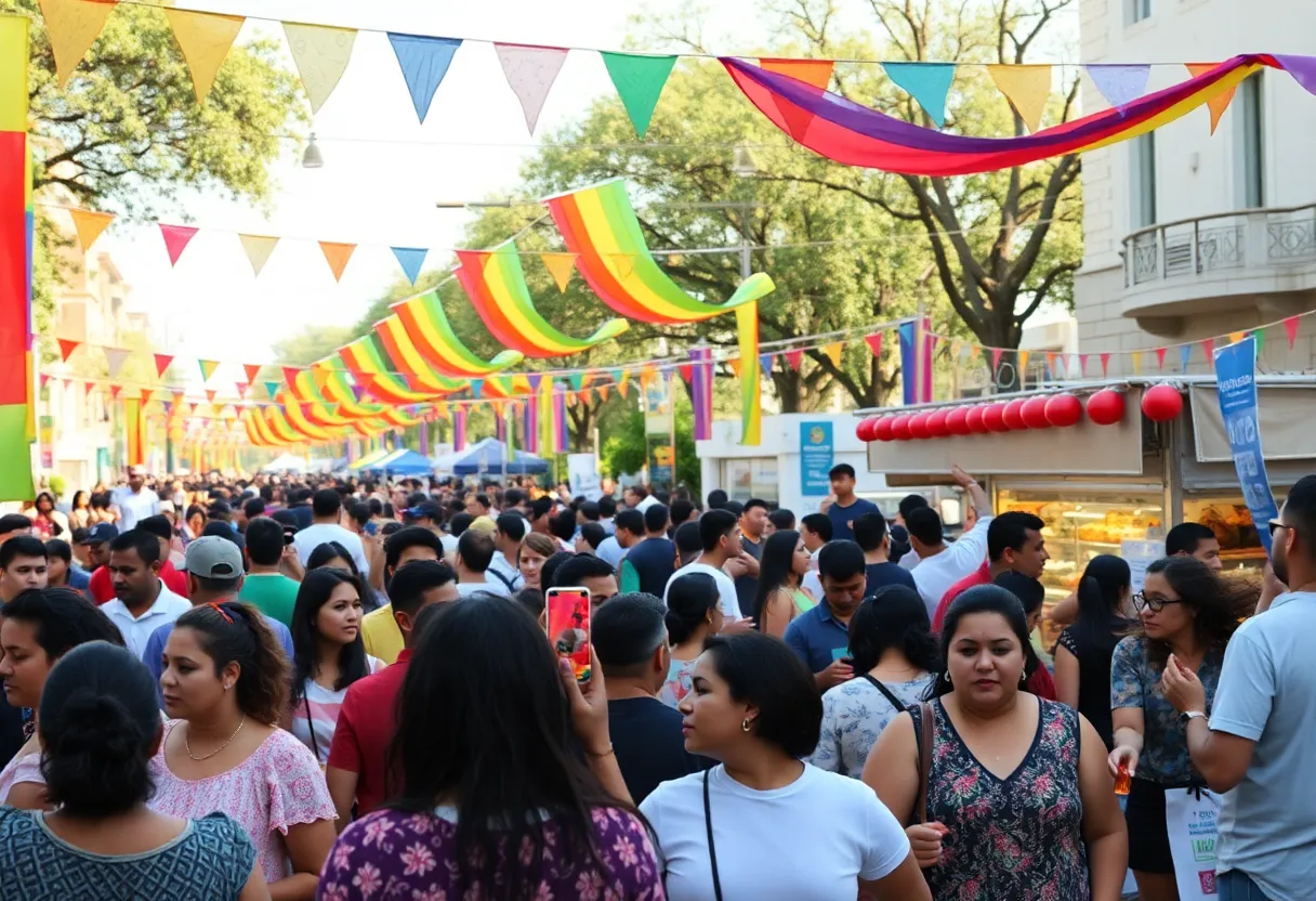 People enjoying a cultural celebration in San Antonio with festive decorations.