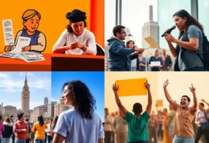 Collage of community events including financial workshops, cultural activities, and concerts.