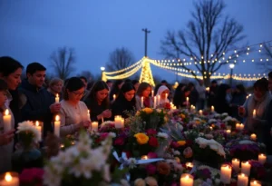 People gathered in remembrance of Beatriz Verdalette, surrounded by candles and flowers.