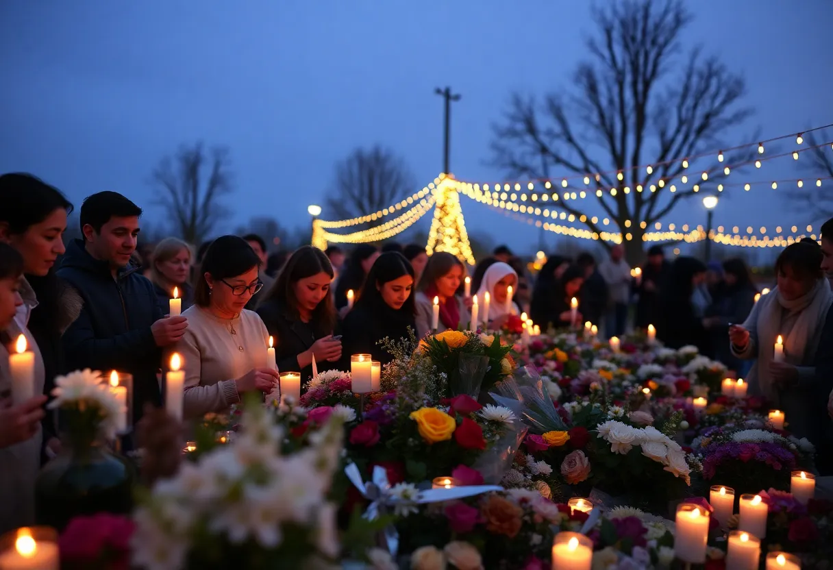 People gathered in remembrance of Beatriz Verdalette, surrounded by candles and flowers.