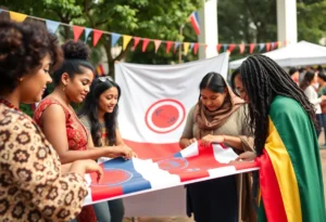 Participants of all ages creating flags and banners at a community event.