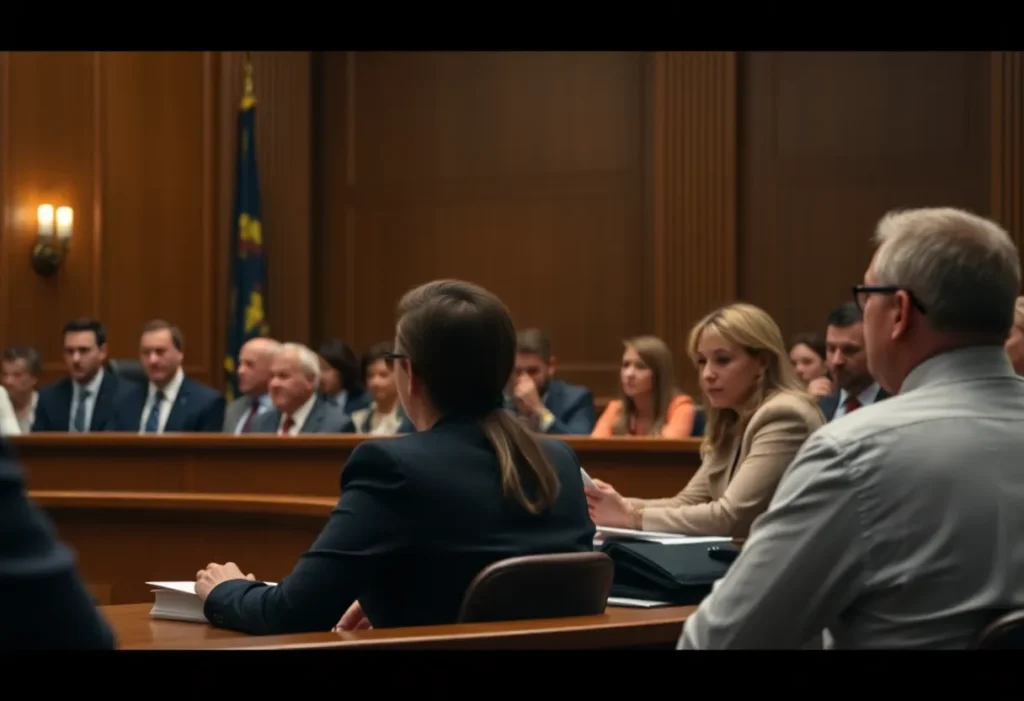Courtroom scene where jurors are deliberating a police officer's trial related to a school shooting.