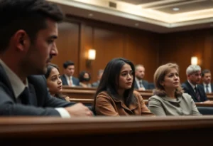A courtroom scene depicting legal action and a family seeking justice.