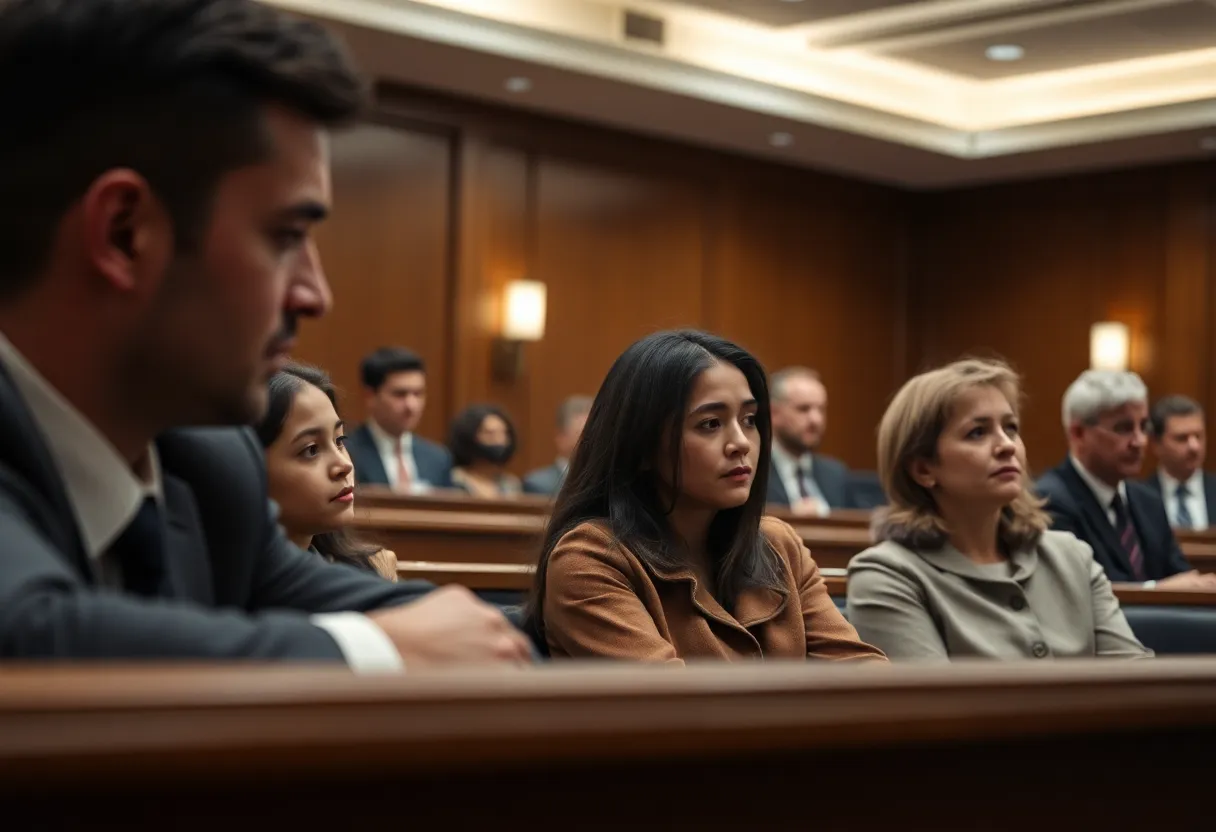 A courtroom scene depicting legal action and a family seeking justice.