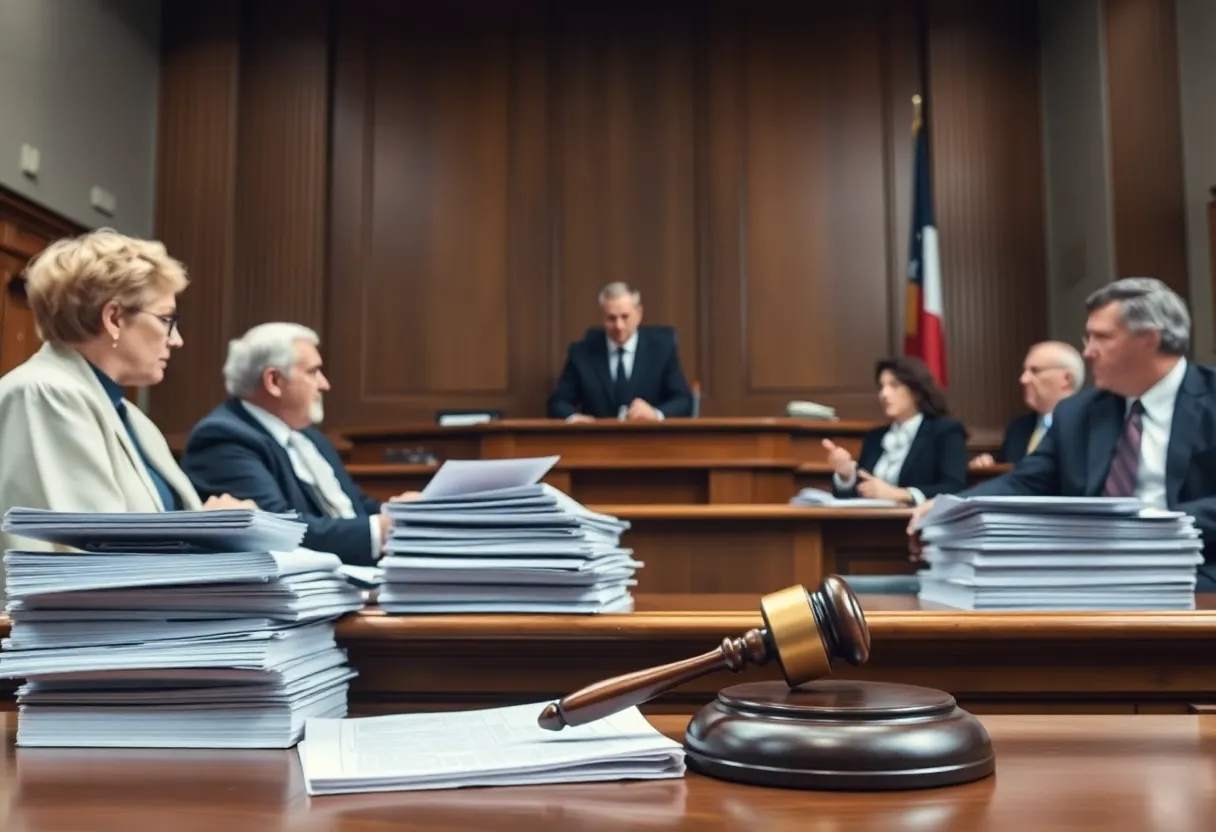 Courtroom scene discussing a serious trial