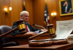 A courtroom with a judge and legal proceedings