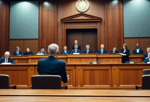 Tension-filled courtroom scene with judges and lawyers