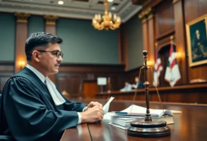 A courtroom with a judge presiding over a case.