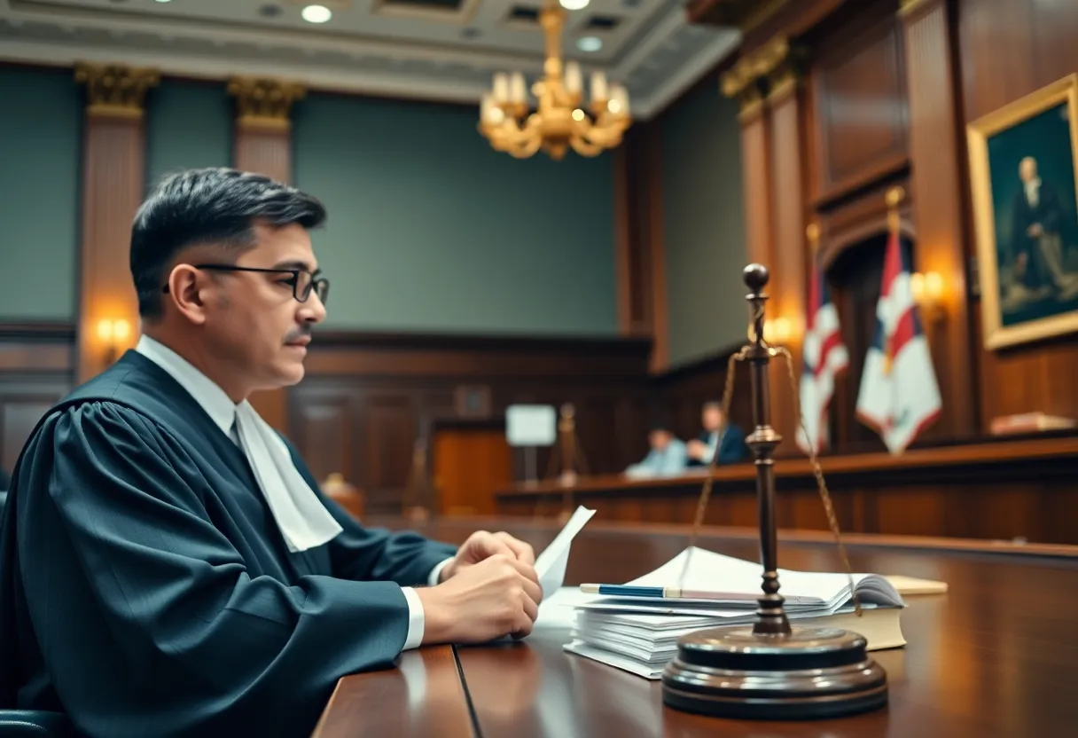 A courtroom with a judge presiding over a case.