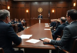 A courtroom during a trial involving serious charges