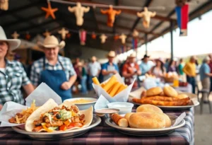 Community members enjoying the Cowboy Breakfast with traditional Texas breakfast foods in San Antonio.