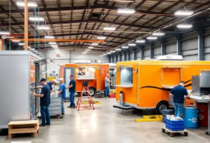 Food truck manufacturing at Cruising Kitchens facility in San Antonio.