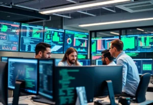 IT professionals working in an office environment focused on cybersecurity.