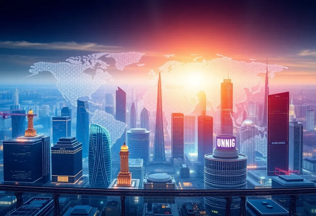 A collage of data centers and international landmarks symbolizing the global expansion of digital infrastructure.