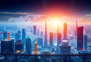 A collage of data centers and international landmarks symbolizing the global expansion of digital infrastructure.