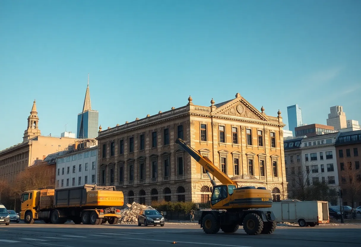 Construction site preparing for the demolition of the Antiquarian Book Mart building in San Antonio.