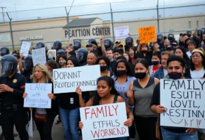 Protesters rallying for the release of detained families outside the South Texas Family Residential Center in Dilley.