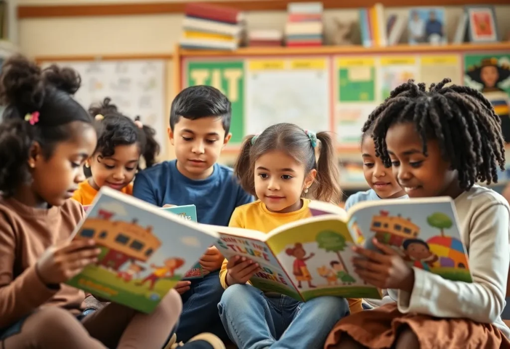 Children in a classroom exploring books about diversity and inclusion.